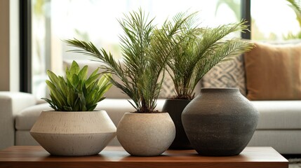 Fototapeta premium Modern Home Decor: Three Stylish Planters with Lush Greenery