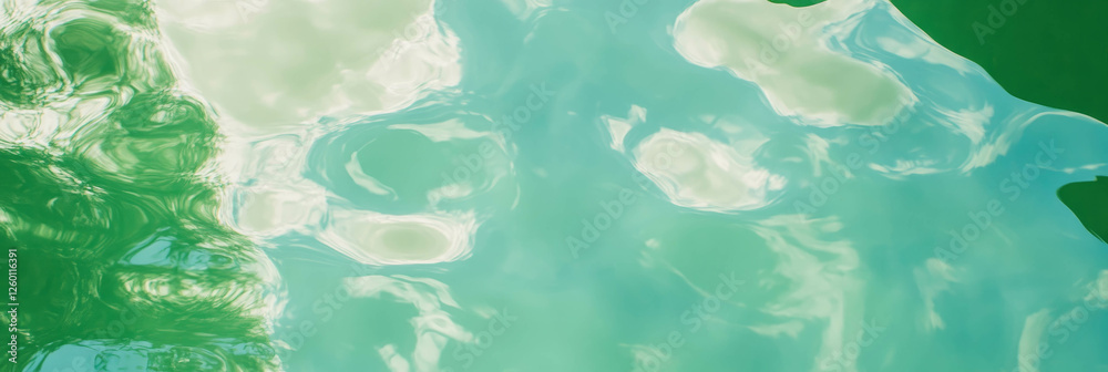 Poster Bright green texture with reflections of sky and clouds in serene top view display