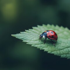 Obraz premium Ladybug crawling green leaf, nature background, macro photography, ecology