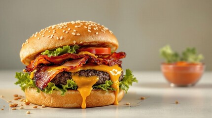Indulge in this mouthwatering cheeseburger, featuring a juicy beef patty, crispy bacon, fresh lettuce, and tomato, all nestled in a sesame seed bun. Perfect for food lovers!