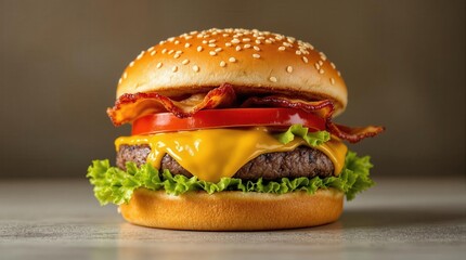 Indulge in this mouthwatering cheeseburger, featuring a juicy beef patty, crispy bacon, fresh lettuce, and tomato, all nestled in a sesame seed bun. Perfect for food lovers!