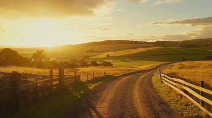 Fototapeta premium A countryside gravel road with a rustic wooden fence leading into rolling farmlands, under a soft golden sunrise.