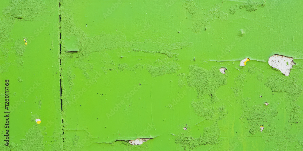 Poster bright lime green wall with chipped paint and rough texture in urban setting