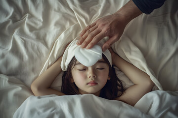 Caring Parent Tending to a Sick Child with a Cooling Pad on Forehead

