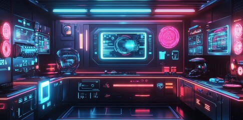 Obraz premium Futuristic kitchen laboratory features digital screens and neon lighting
