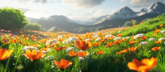 Vibrant cosmos flower field with orange and white blooms in the foreground, lush green grass, and soft mountains under a bright sky.