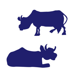 Set of cows. Black, blue silhouette cow isolated on white. Hand drawn vector illustration. Eps 10. Vector illustration.