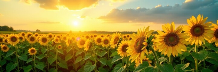 Fototapeta premium Sun-drenched sunflower field, long rays stretch across the scene , july, field, scenic