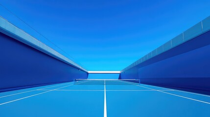 A detailed shot of an empty tennis stadium, with perfectly aligned courts and clear blue skies above.
