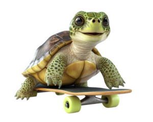 turtle with funny expression is sitting on skateboard, showcasing playful and adventurous spirit. This charming scene captures joy of unique moment