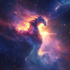 Obraz premium A cosmic dragon emerges from the vibrant celestial nebula