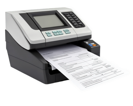 thermal receipt printer with printed invoice emerging from it, showcasing its functionality and design. This device is ideal for businesses needing efficient printing solutions