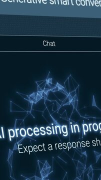 Futuristic chat ai user interface in action, artificial intelligence system, chatting with a bot, dynamics elements, advanced ai technology (3d render) vertical video