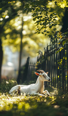 White Goat Resting Peacefully on Green Grass Under Soft Sunlight

