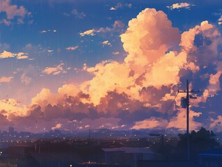 Rain falls on a town at sunset under dramatic clouds