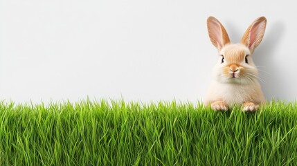 Obraz premium A fluffy bunny rabbit in a grassy field, with a blank space beside it for adding design or promotional text.