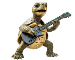 turtle playing tiny guitar, looking like rock star, exuding joy and creativity. This whimsical scene captures fun of music and imagination