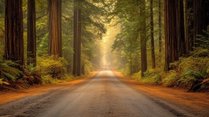 Obraz premium A foggy forest road disappearing into the mist, with towering trees on either side creating an atmospheric depth.