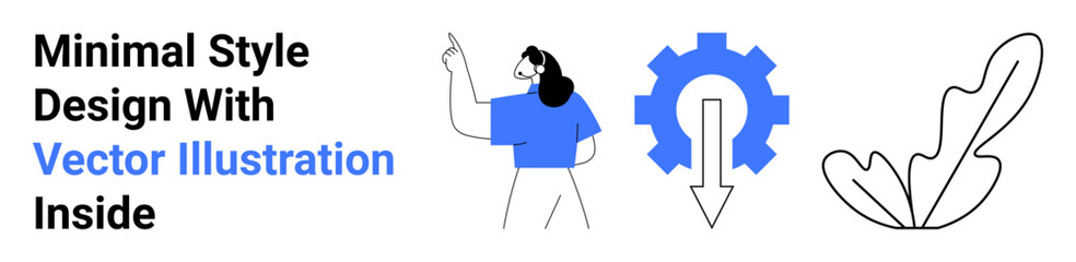 Female character pointing upward, blue cogwheel with downward arrow, linear decorative leaf. Ideal for technology, business, education, creativity, innovation, modern web design flat landing page