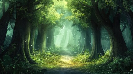 Obraz premium A forest path with tall trees lining each side, leading to a wide open space for text or design.