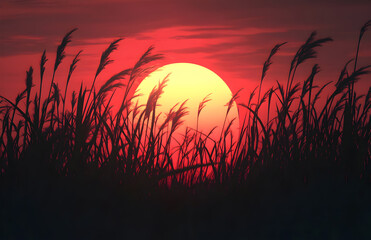 Vibrant Red Sunset with Silhouetted Tall Grass in the Foreground


