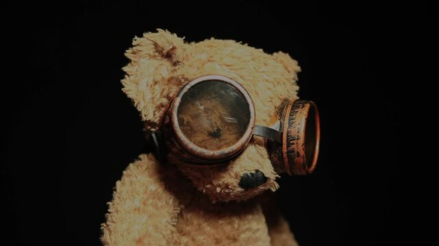 footage of plush bear goggle glasses dark background