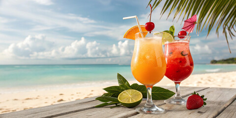 Tropical beachside cocktail drinks with orange and red fruit juices, garnished with citrus slices and cherries, served on a wooden deck with a stunning ocean view.