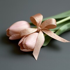 Dusty mauve tulips elegantly tied with a honey-gold ribbon resting on a charcoal-gray backdrop with ample copyspace