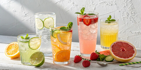 Tropical-inspired fruit cocktails with citrus slices, ice cubes, and berries in glass cups, beautifully arranged for a refreshing