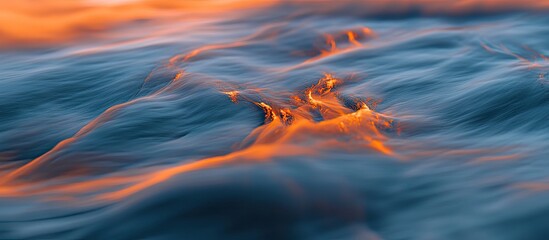 Abstract coastal art featuring long exposure and intentional camera movement at dusk, blending vibrant orange and deep blue ocean waves.
