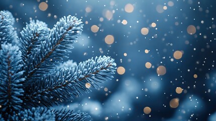 fir branches in the snow christmas background with bokeh effect copy space