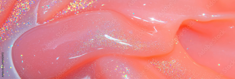 Poster coral gel with shimmering pink texture and flowing consistency glows under soft light