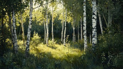 Obraz premium Impressionist painting of a birch forest with sunlight filtering through green foliage. Textured oil strokes create a vivid and artistic depiction of nature. Generative AI