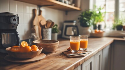 A warm and inviting kitchen counter with freshly made carrot-orange smoothies, a blender, and rustic ceramic bowls