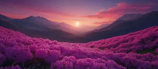 Selbstklebende Fototapeten Vibrant sunset over rolling mountains adorned with lush purple flowers creating a breathtaking landscape with pink and purple hues in the sky. © Rasim