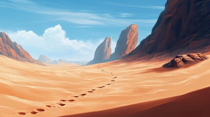 Naklejka premium Footprints leading through golden desert sand dunes toward distant rock formations. Vast, open landscape under a bright blue sky, evoking adventure and exploration. Generative AI.