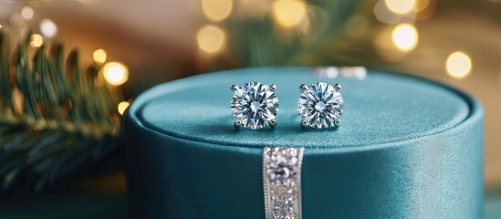 Close up of sparkling diamond stud earrings on a teal gift box with blurred festive lights and greenery in the background creating an elegant ambiance