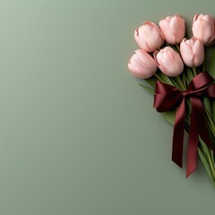 Light pink tulips wrapped with a dark red ribbon on a pastel green background for special occasions