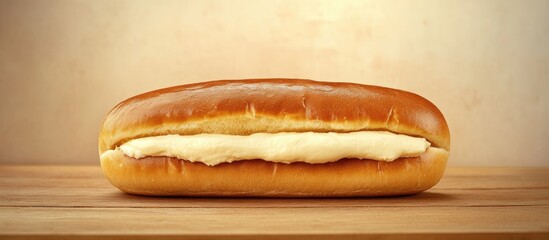 Golden toasted long bun filled with creamy cream cheese placed on a wooden surface against a neutral beige background perfect for breakfast imagery