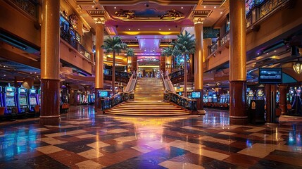 Luxurious casino interior with a grand staircase, golden columns, and slot machines. Elegant and opulent design with warm lighting and detailed architectural elements. Generative AI.