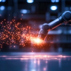 Obraz premium Glitching robotic arm in smart factory industrial automation technology environment futuristic perspective innovation concept