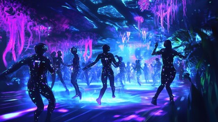 Obraz premium People dancing in a surreal futuristic environment with glowing lights
