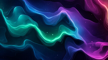 Obraz premium Glowing gradient of electric greens, blues, and purples blending together in abstract flowing curves on a dark backdrop