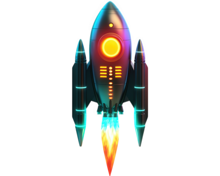 sci fi rocket with glowing neon thrusters, featuring vibrant colors and sleek design, ready for adventurous journey into space