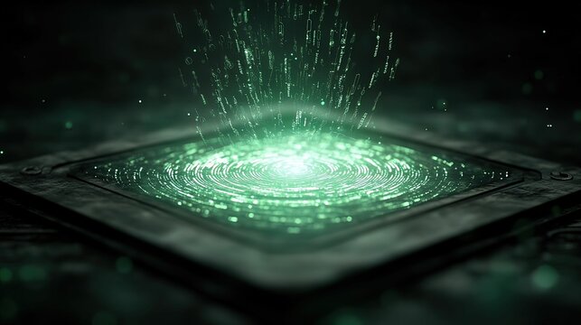 Digital cyber breach hacker's device illuminate with progress in encrypted network dark environment closeup view technology concept