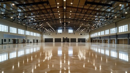 Fototapeta premium A panoramic view of an indoor arena with no people, showing large seating areas and a pristine arena floor.
