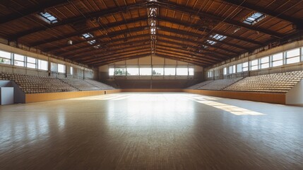 A panoramic view of an indoor arena with no people, showing large seating areas and a pristine arena floor.