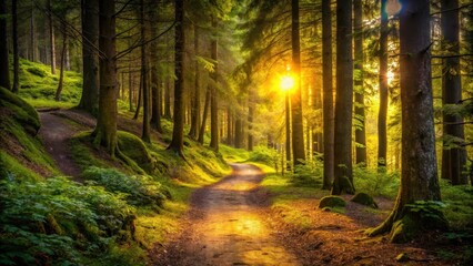 Obraz premium Hiking in forest with yellow torch light on path, hiking trail, woods