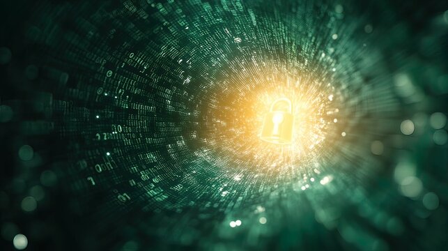 Cyber hack visualized breaking padlock in digital realm abstract high-tech environment dynamic perspective