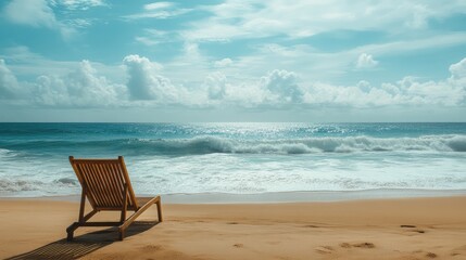 A peaceful beachside scene with an empty wooden lounge chair facing the calm ocean waves.